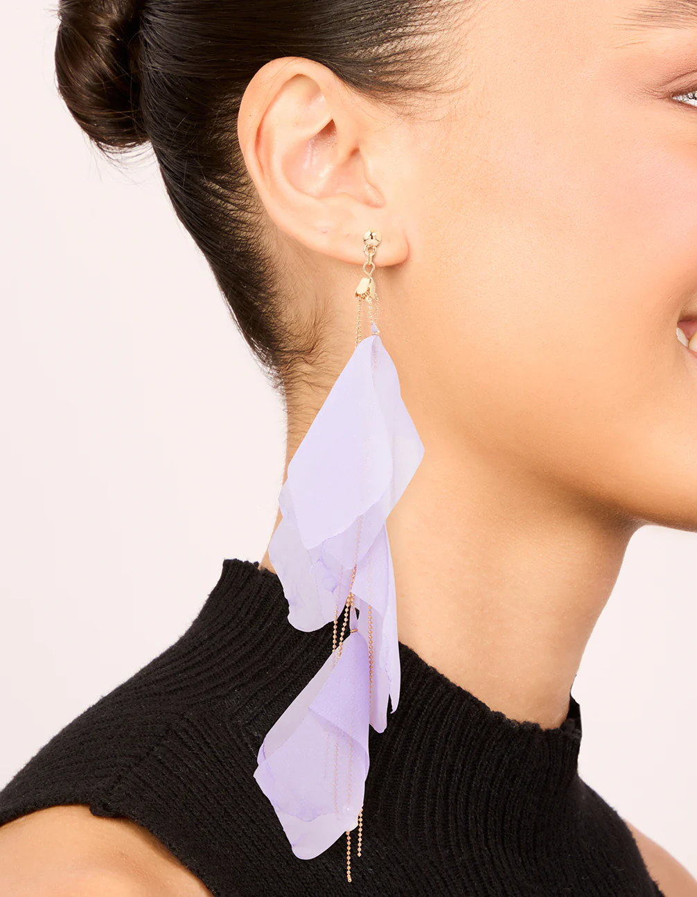 Gold Purple Fabric Petal Drop Earrings - Image 2