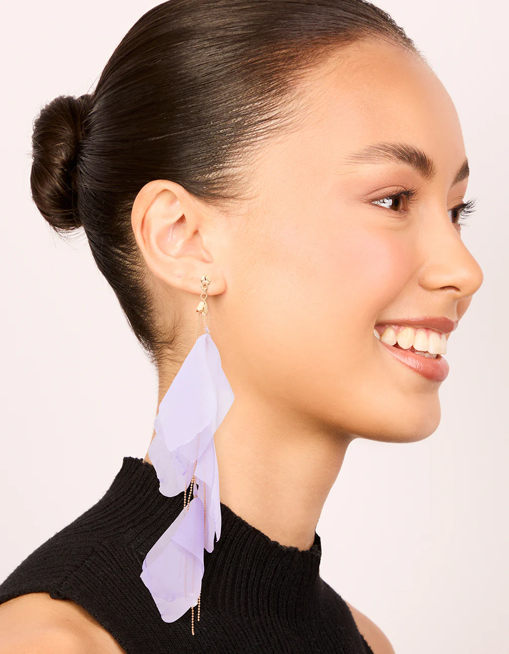 Gold Purple Fabric Petal Drop Earrings - Image 3