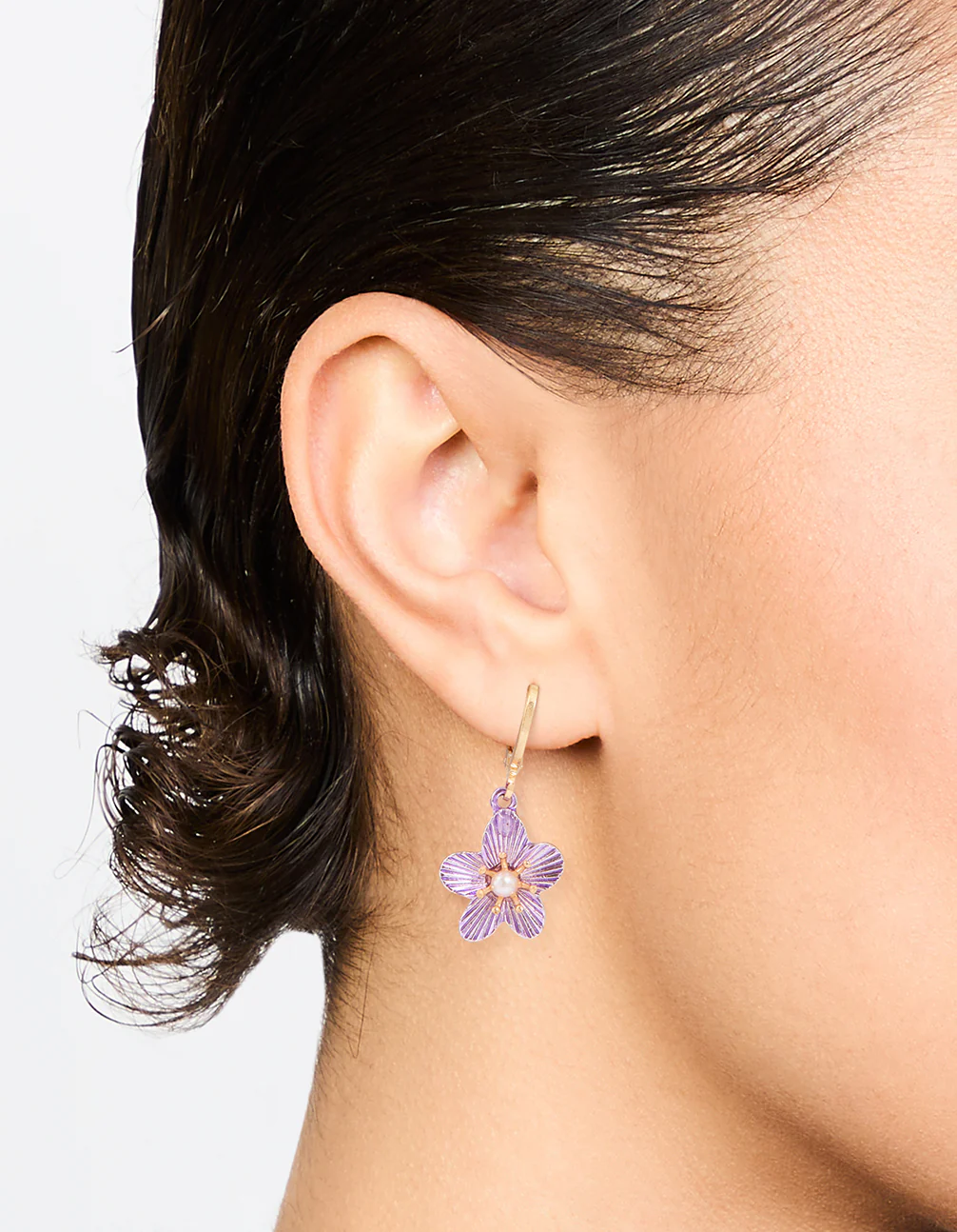 Gold Purple Pearl Flower Drop Earrings - Image 2