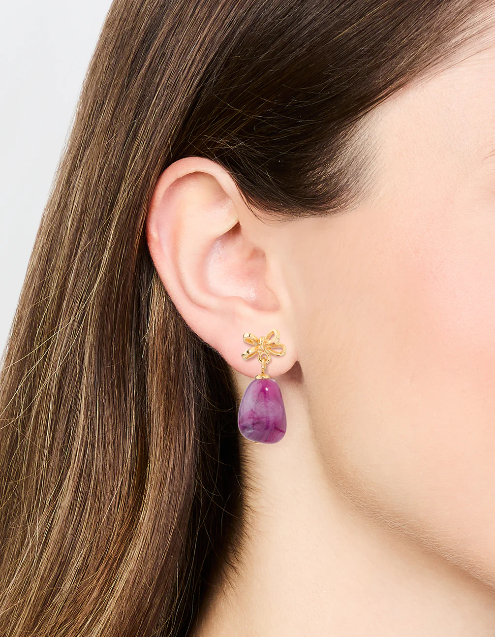 Gold Purple Stone & Bow Drop Earrings - Image 2