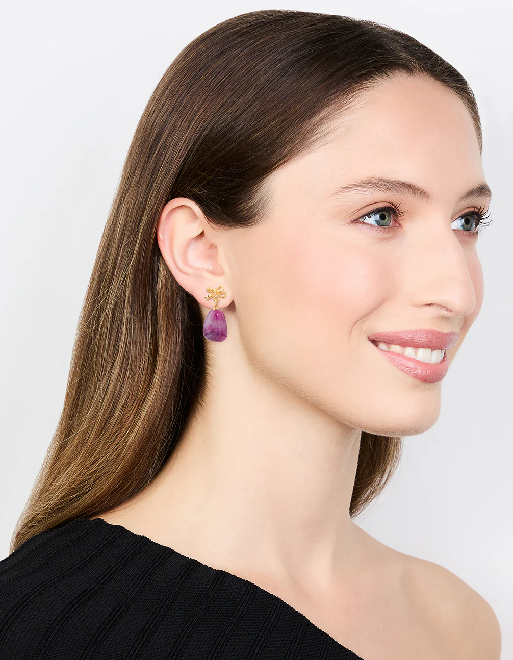 Gold Purple Stone & Bow Drop Earrings - Image 3