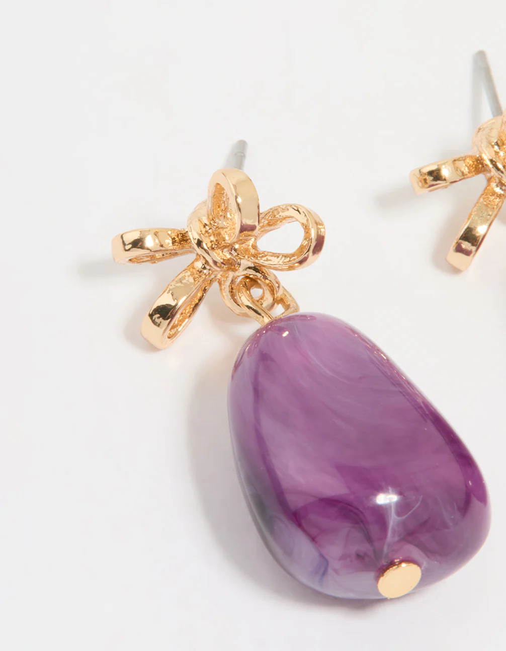 Gold Purple Stone & Bow Drop Earrings - Image 4