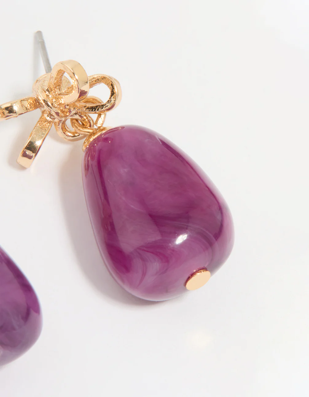 Gold Purple Stone & Bow Drop Earrings - Image 5