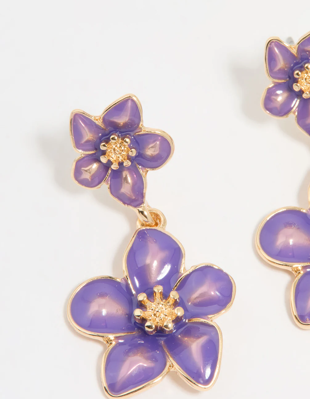 Gold Purple Tiered Flower Drop Earrings - Image 4