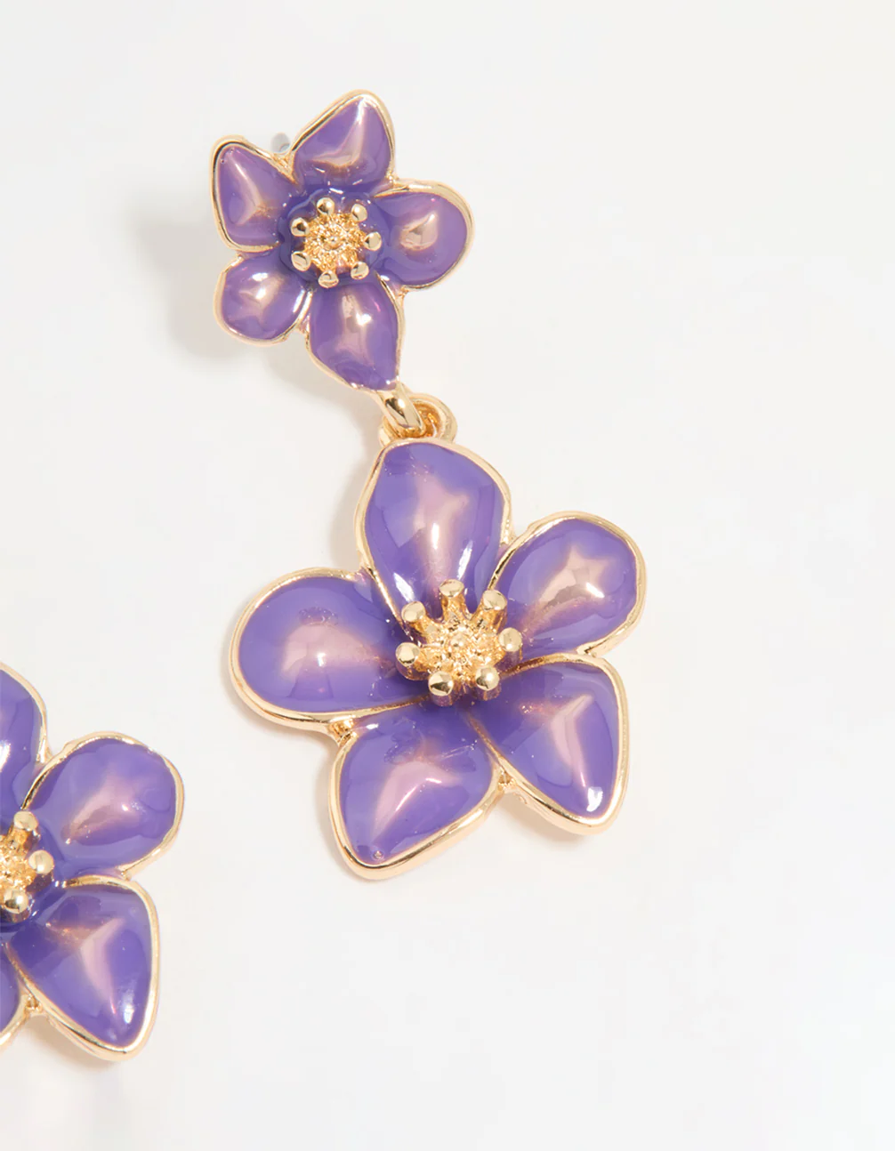 Gold Purple Tiered Flower Drop Earrings - Image 5