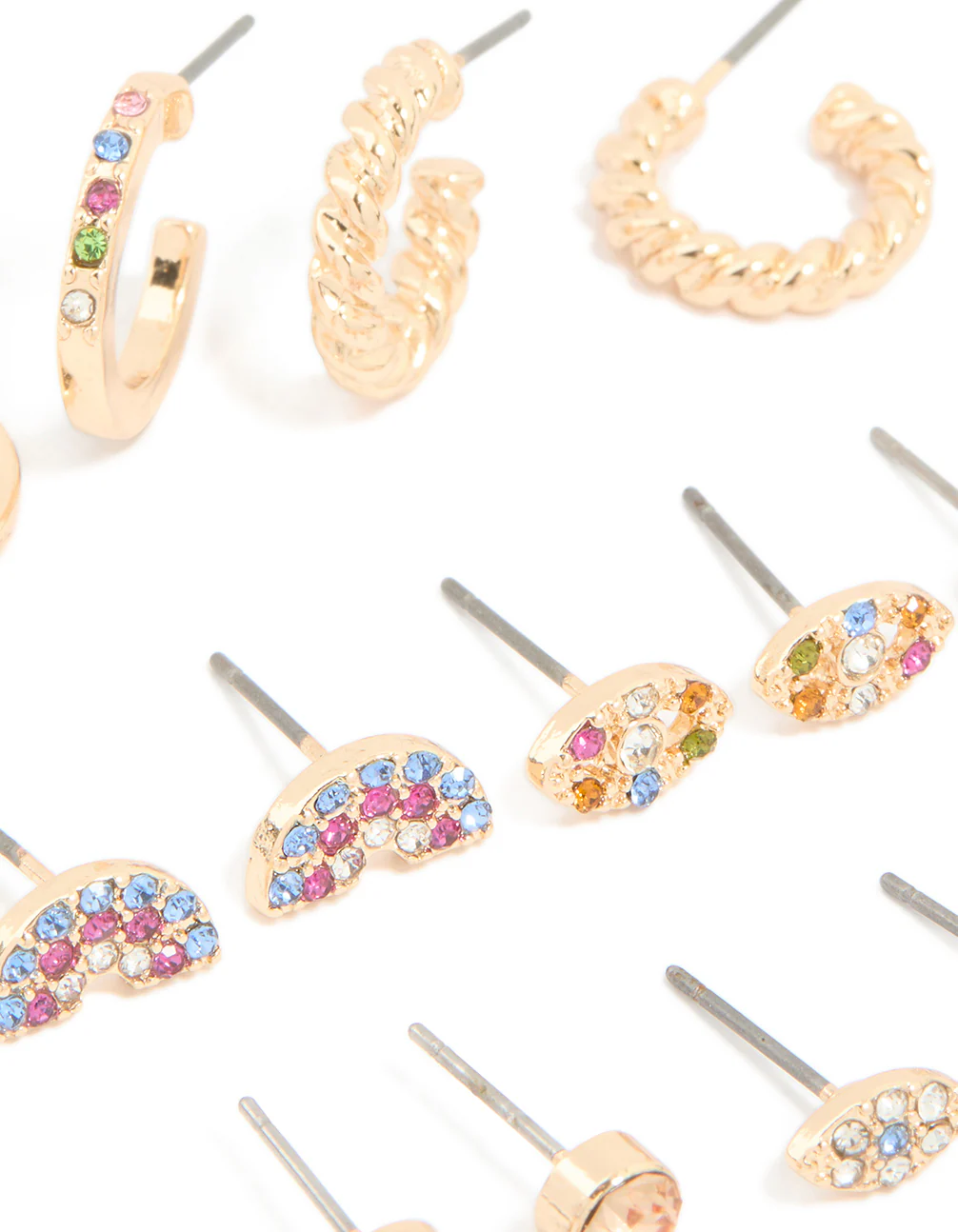 Gold Rainbow Diamante Stud & Hoop Earrings 8-Pack - Image 2