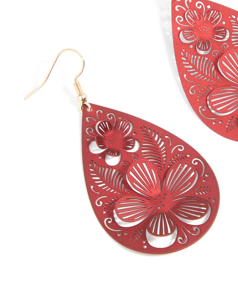 Gold Red 3D Filigree Flower Drop Earrings - Image 4