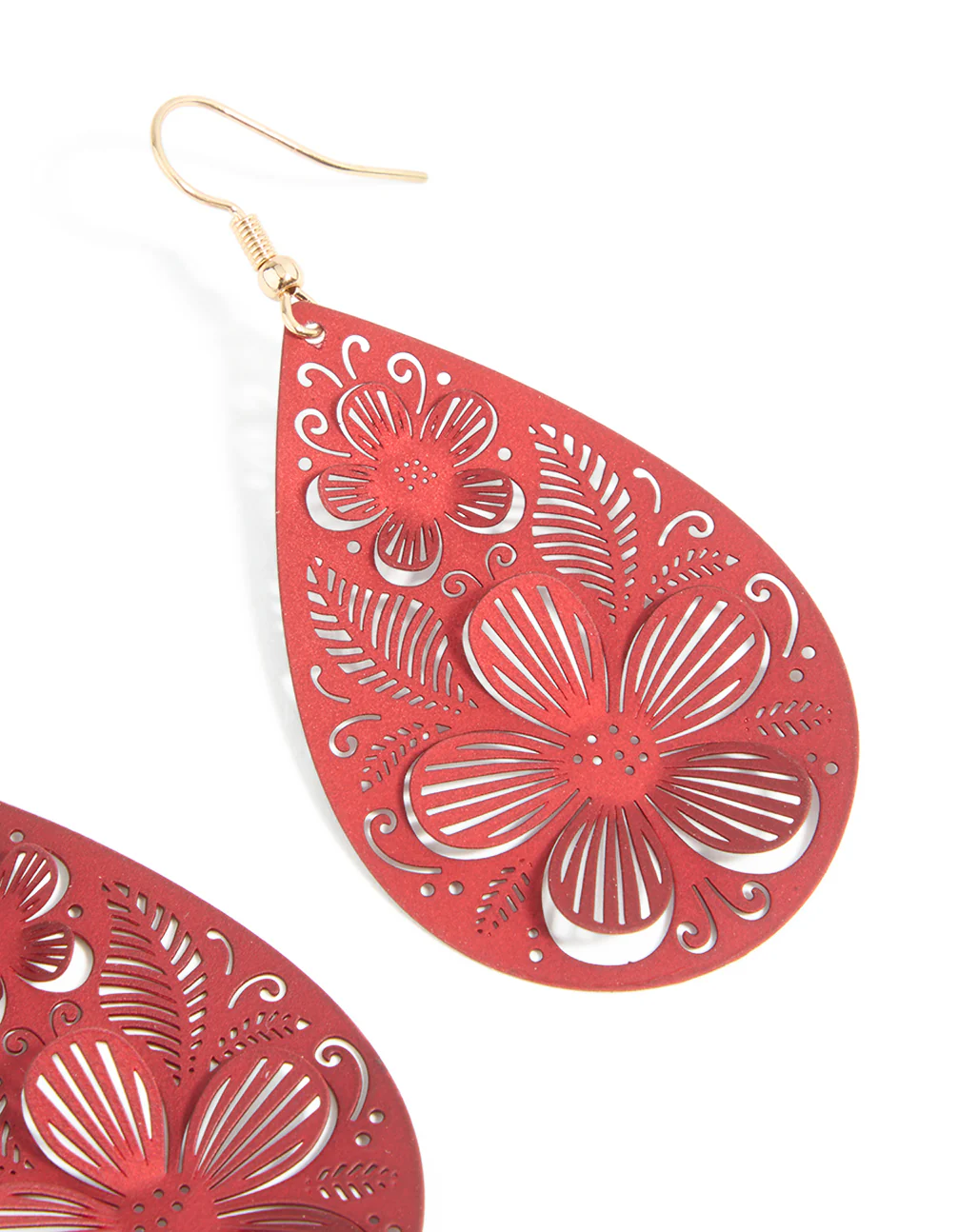 Gold Red 3D Filigree Flower Drop Earrings - Image 5