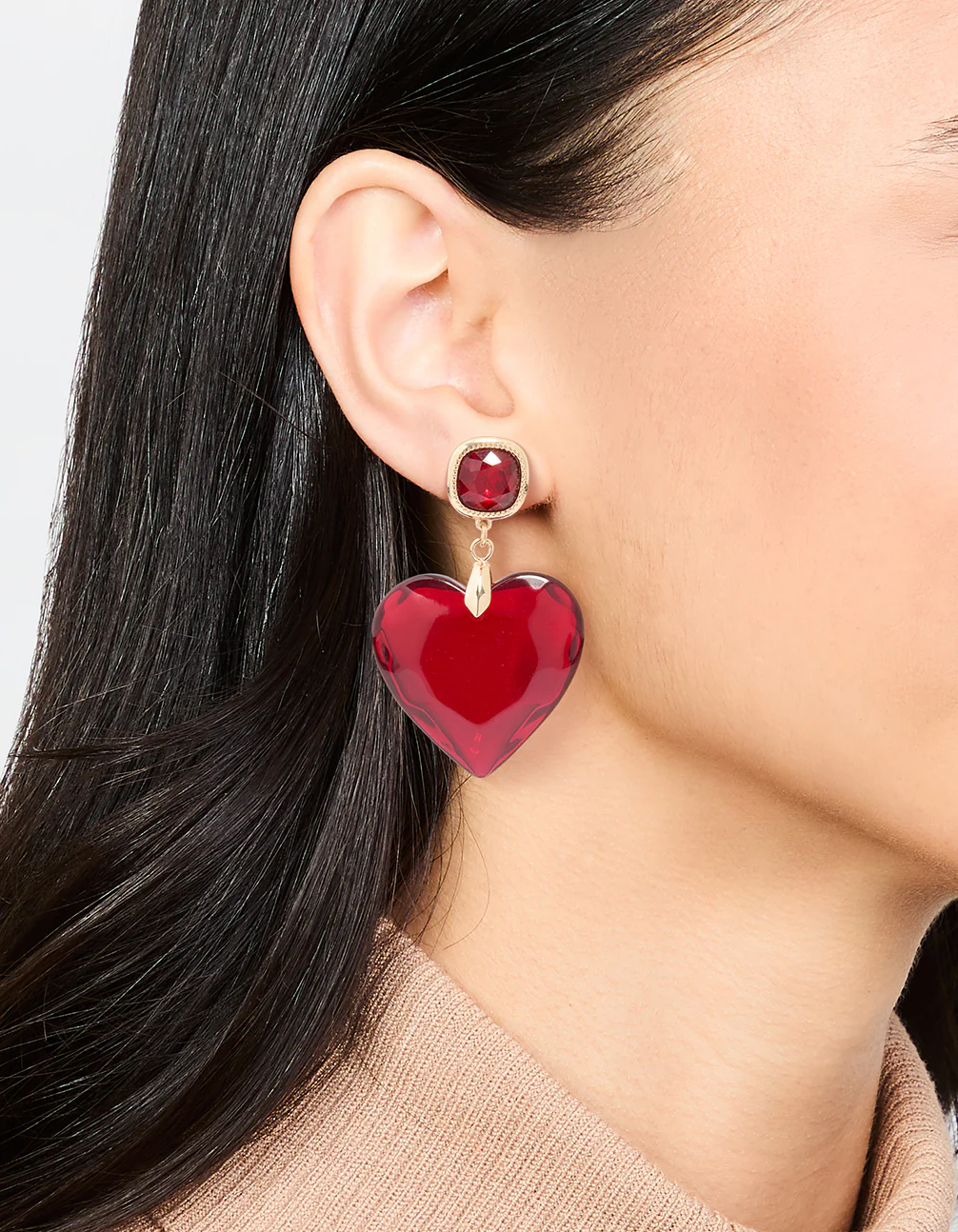 Gold Red Acrylic Heart Drop Earrings - Image 2
