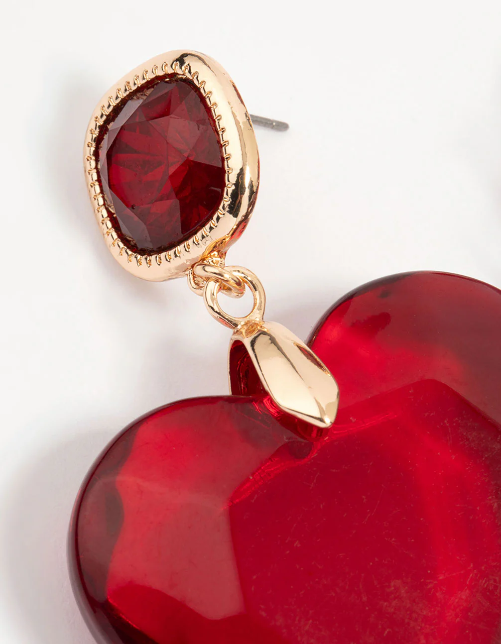 Gold Red Acrylic Heart Drop Earrings - Image 4