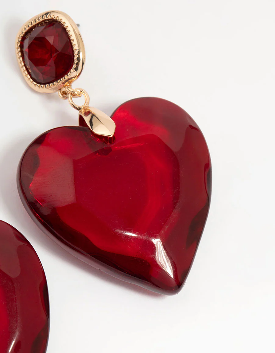 Gold Red Acrylic Heart Drop Earrings - Image 5