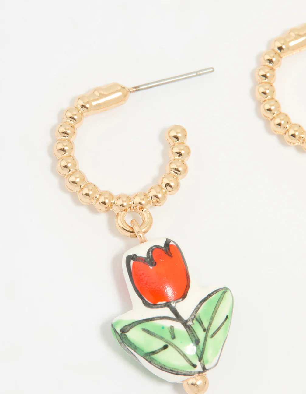 Gold Red Ceramic Flower Huggie Drop Earrings - Image 2
