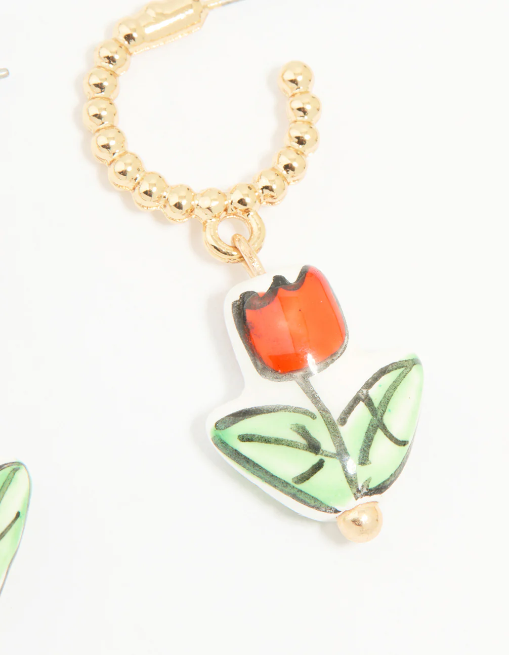 Gold Red Ceramic Flower Huggie Drop Earrings - Image 3