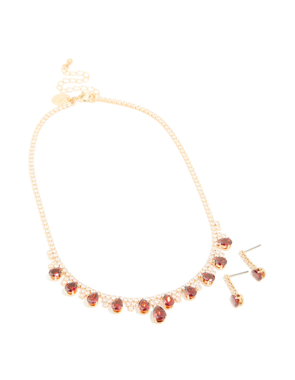 Gold Red Cubic Zirconia Cup Chain Teardrop Earrings & Necklace Set - Image 2