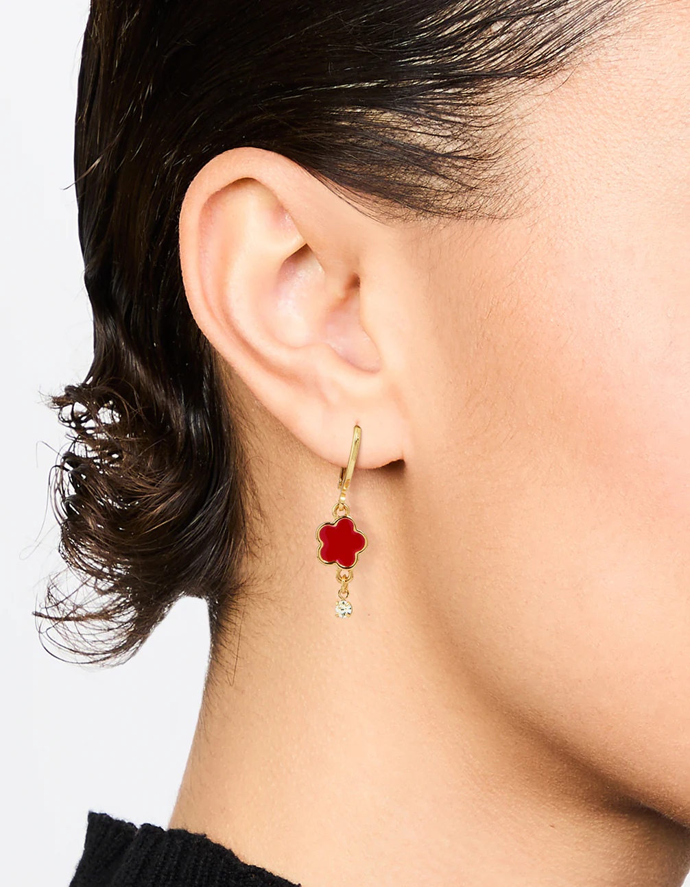 Gold Plated Red Cubic Zirconia Floral Droplet Earrings - Image 2