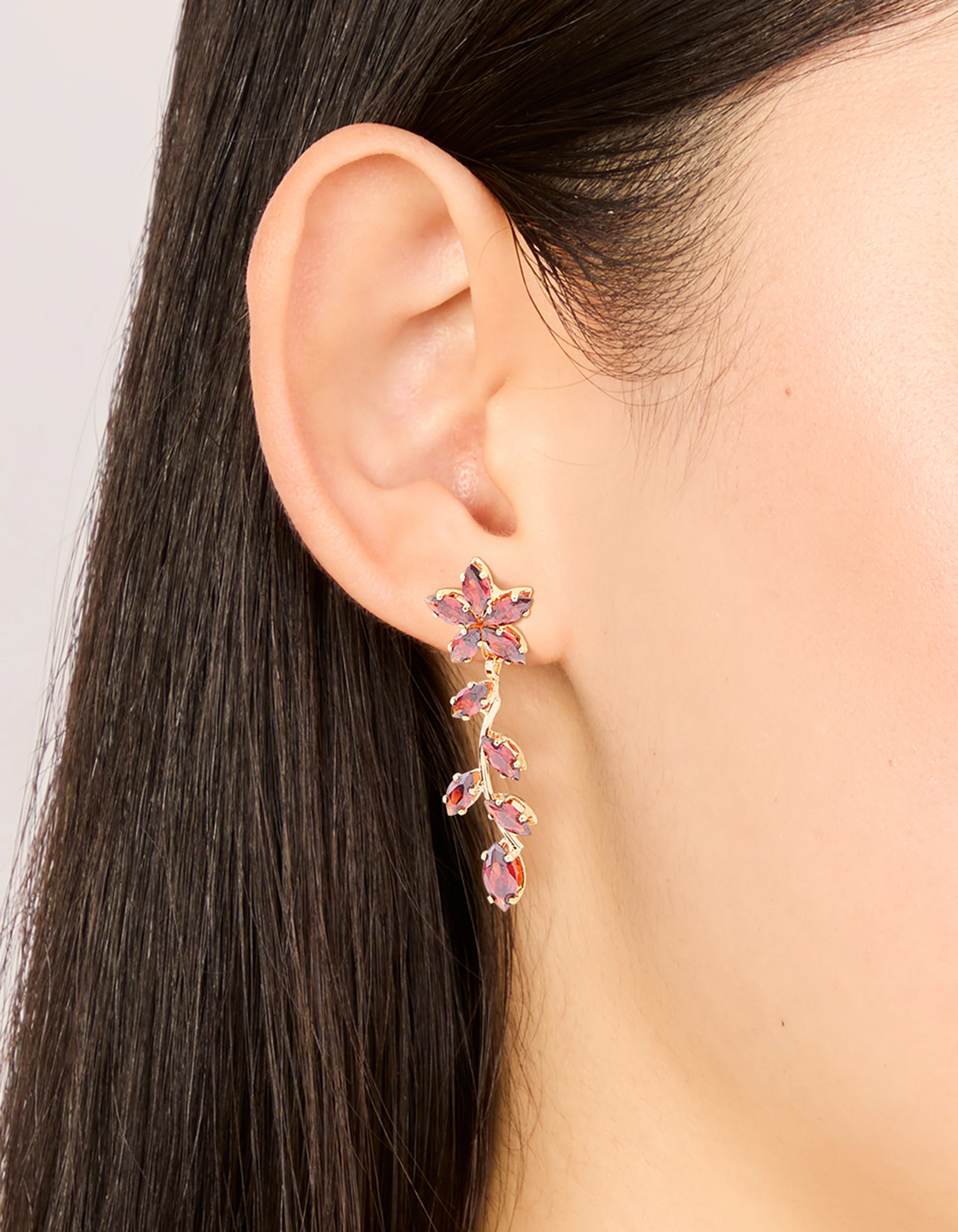 Gold Red Cubic Zirconia Flower Trail Drop Earrings - Image 2