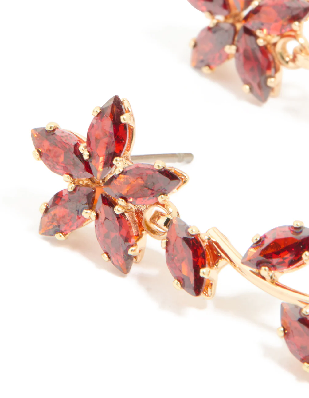 Gold Red Cubic Zirconia Flower Trail Drop Earrings - Image 4