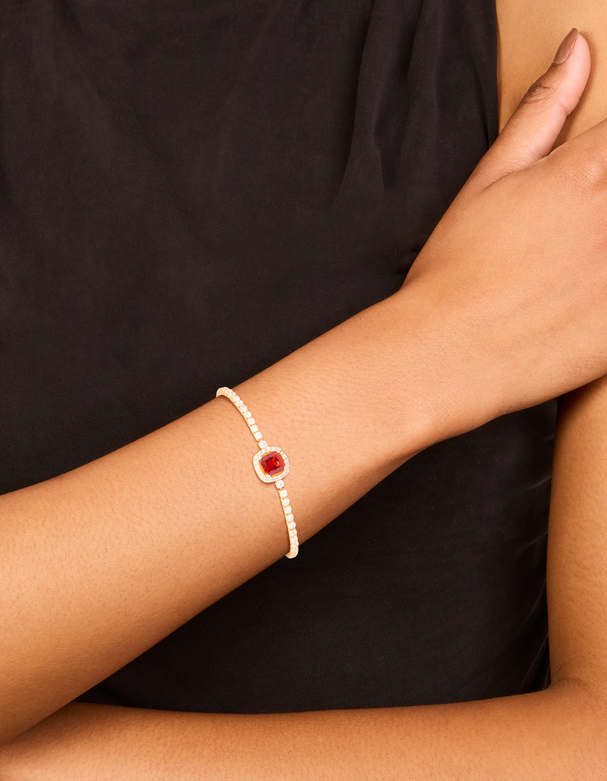 Gold Red Cubic Zirconia Square Halo Toggle Bracelet - Image 2
