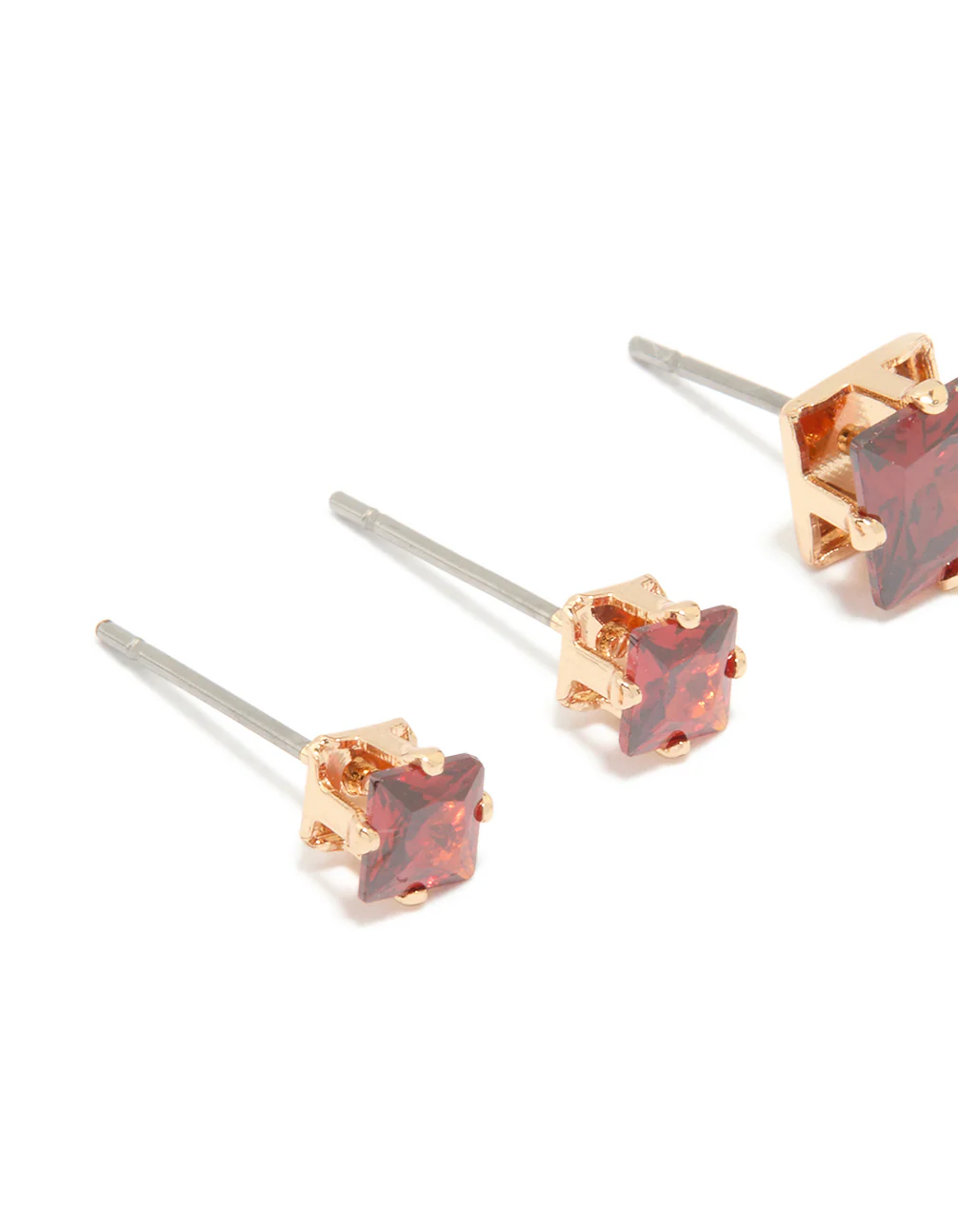 Gold Red Cubic Zirconia Square Stud Earrings 2-Pack - Image 2