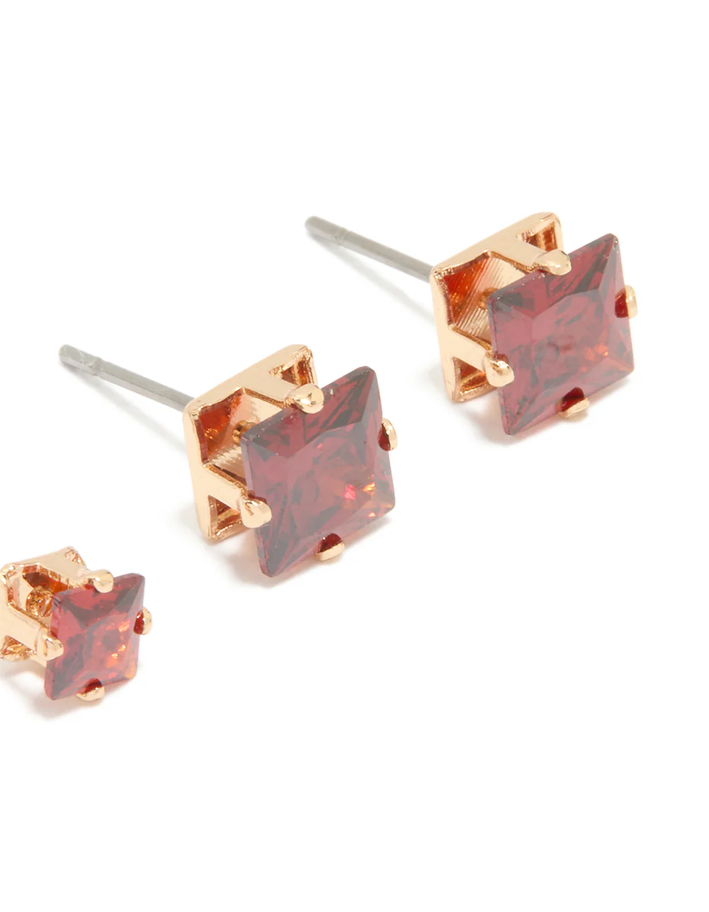 Gold Red Cubic Zirconia Square Stud Earrings 2-Pack - Image 3