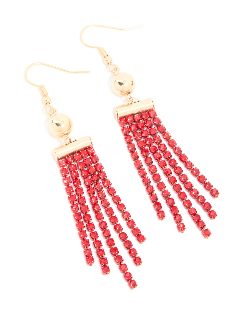 Gold Red Diamante Ball Cup Chain Drop Earrings