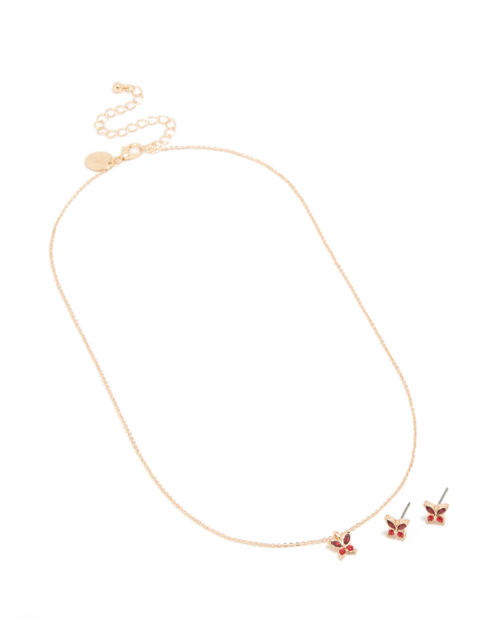 Gold Red Diamante Butterfly Stud Earrings & Necklace Set - Image 2