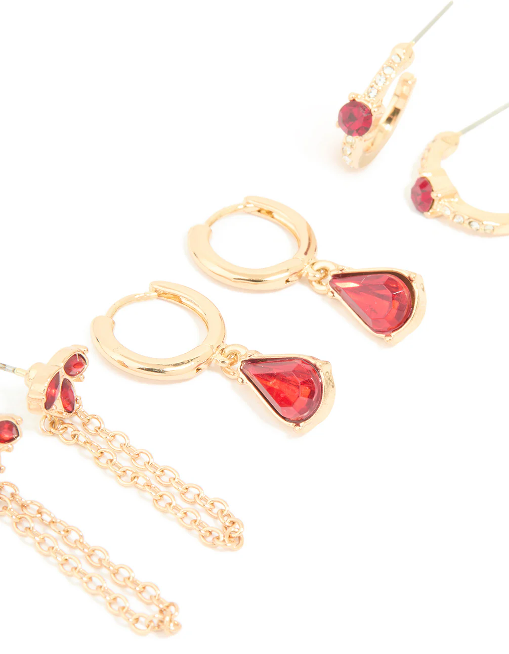 Gold Red Diamante Chain & Huggie Earrings 3-Pack - Image 2
