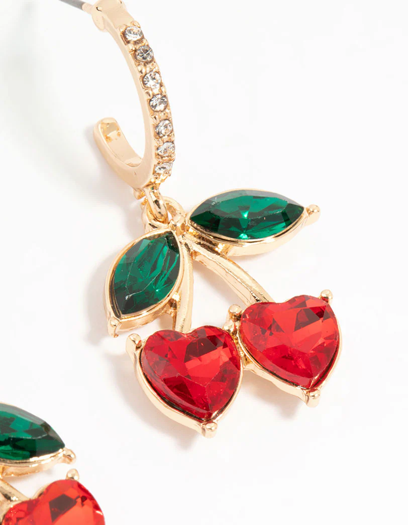Gold Red Diamante Cherry Hoop Earrings - Image 3