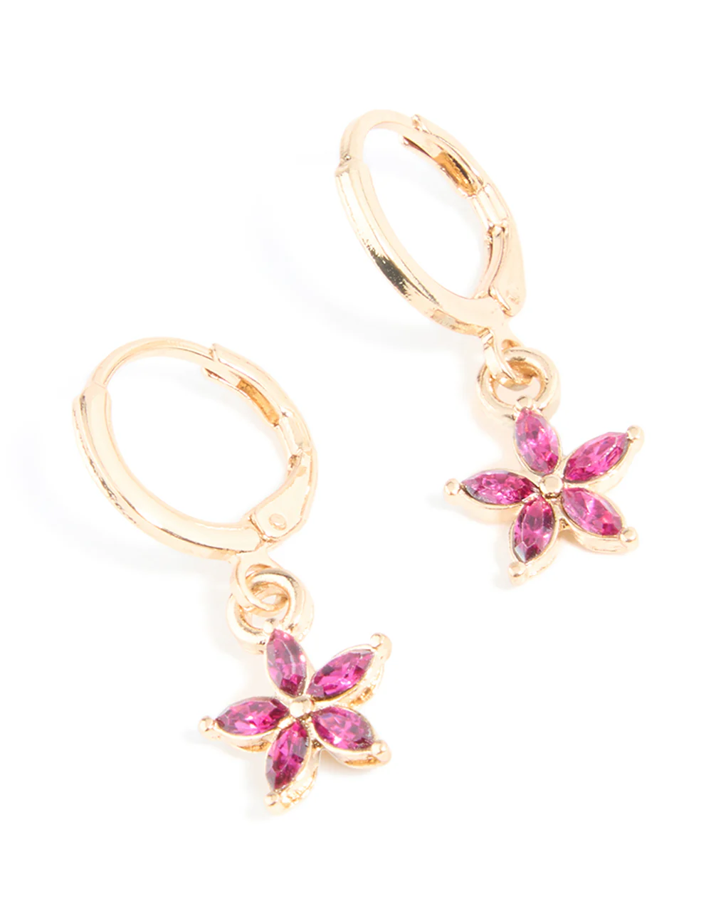 Gold Red Diamante Flower Huggie Earrings