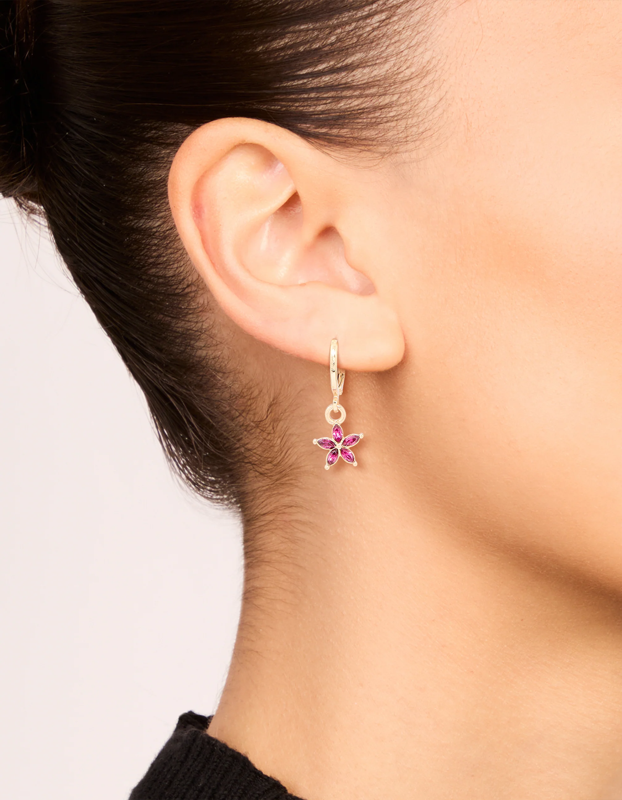 Gold Red Diamante Flower Huggie Earrings - Image 2