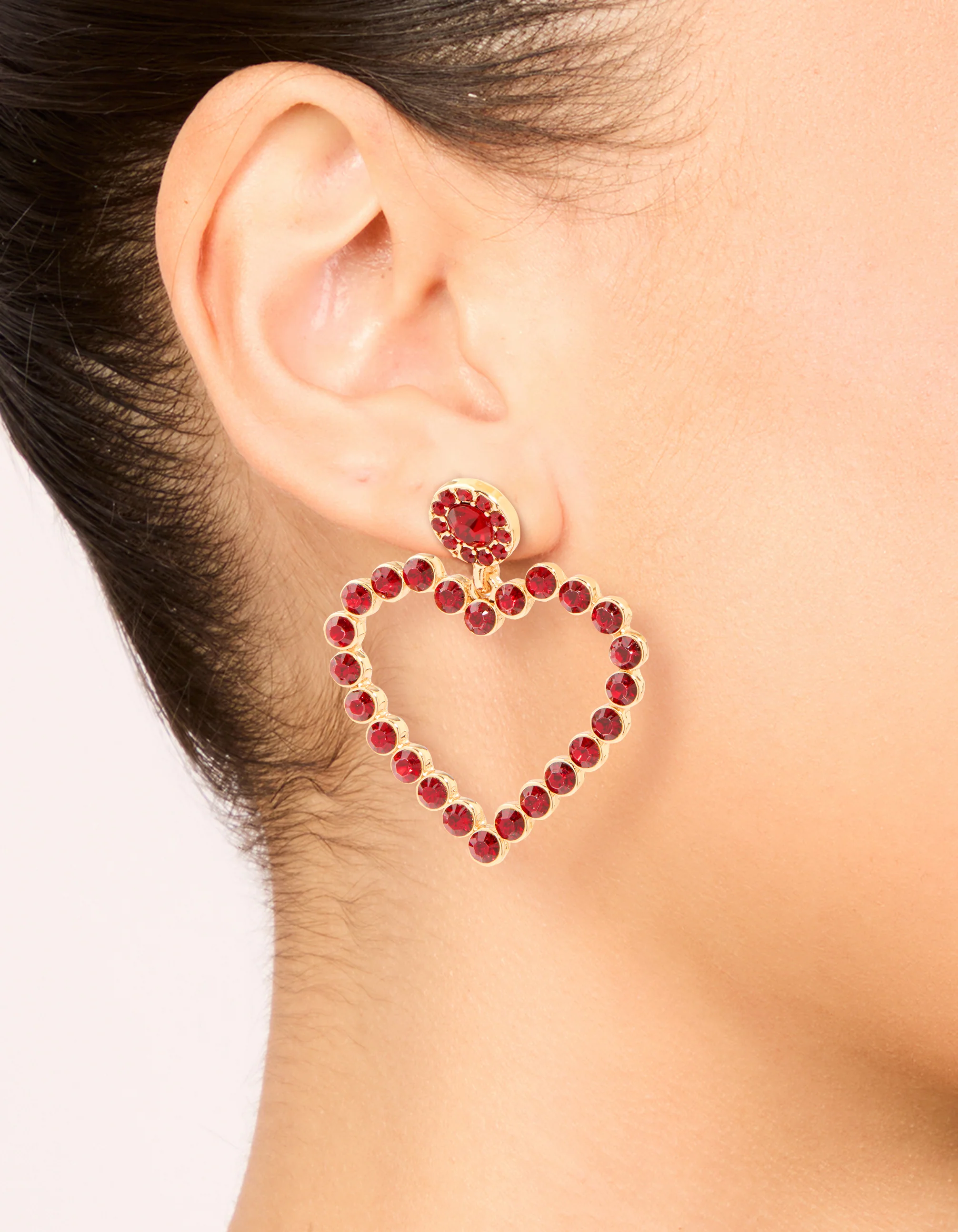 Gold Red Diamante Open Heart Drop Earrings - Image 2