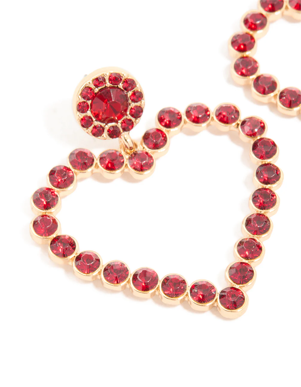 Gold Red Diamante Open Heart Drop Earrings - Image 4