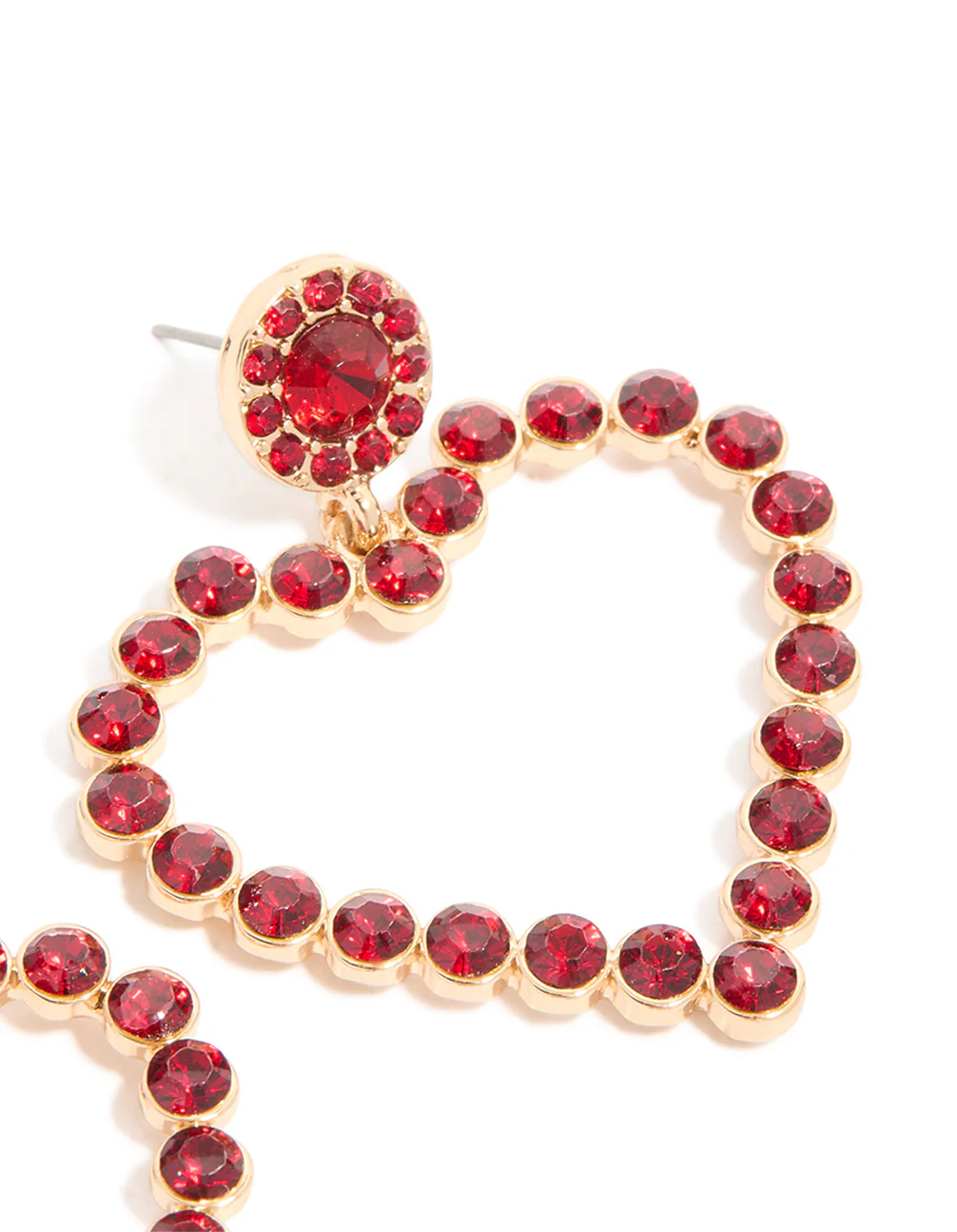 Gold Red Diamante Open Heart Drop Earrings - Image 5