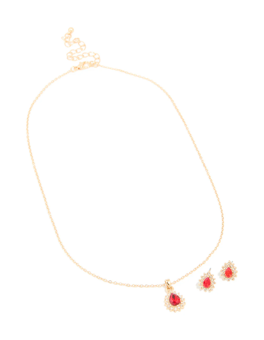 Gold Red Diamante Pear Border Pendant Necklace & Earrings Set - Image 2