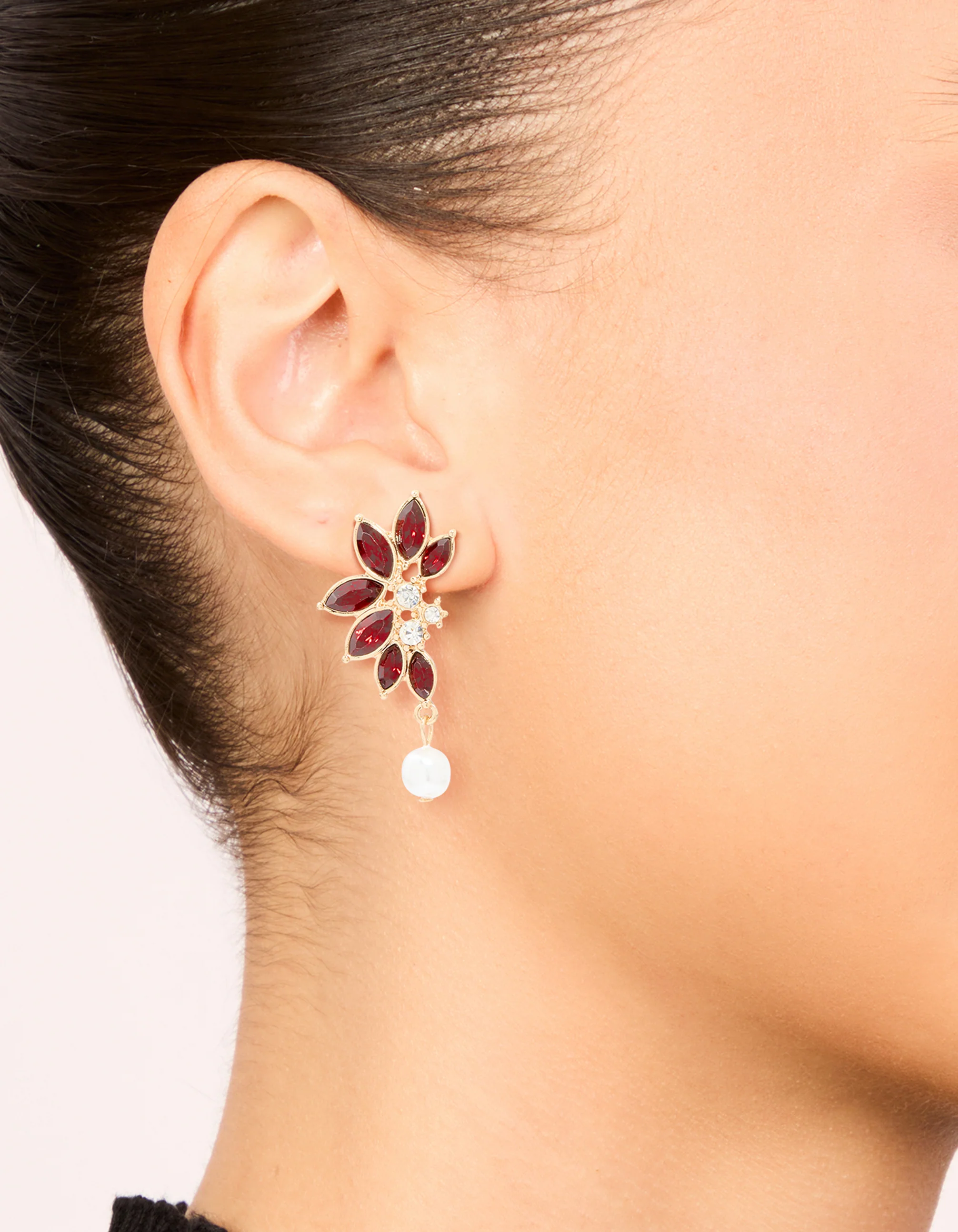 Gold Red Diamante Pearl Marquise Stud Earrings - Image 2