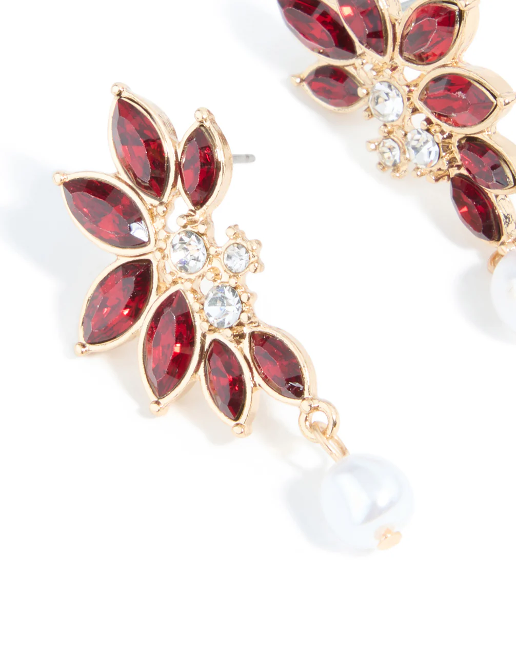 Gold Red Diamante Pearl Marquise Stud Earrings - Image 4