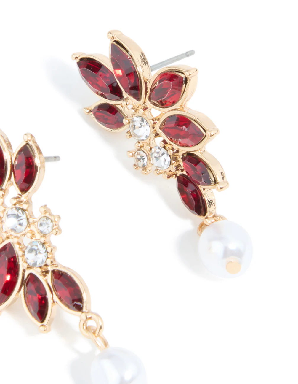 Gold Red Diamante Pearl Marquise Stud Earrings - Image 5