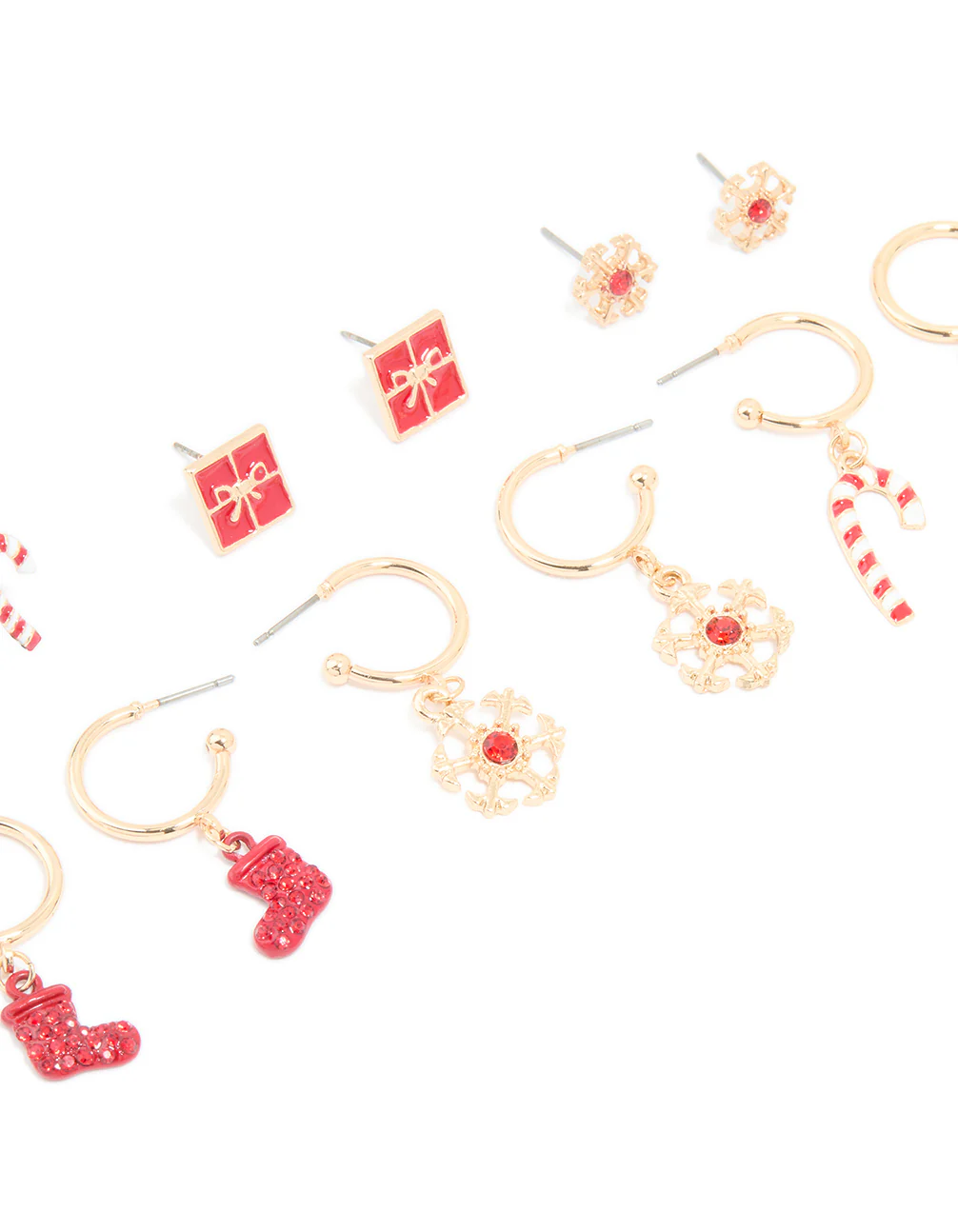 Gold Red Diamante Snowflake & Present Earrings 6-Pack - Image 2