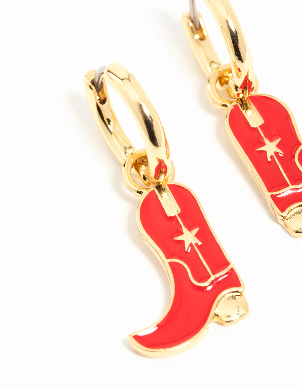 Gold Plated Red Enamel Cowboy Boot Drop Earrings - Image 2