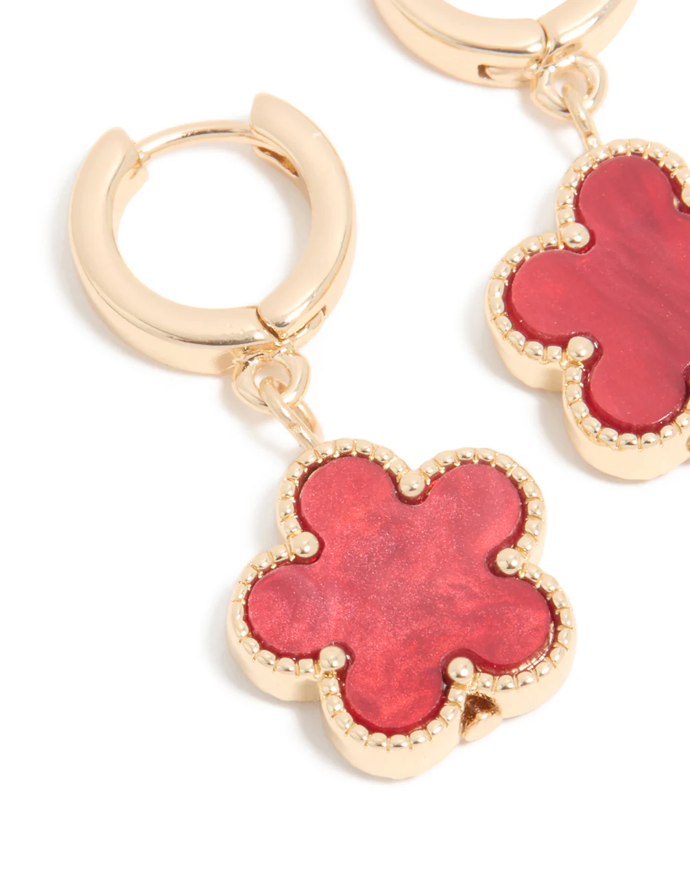 Gold Red Flower Drop Huggie Earrings - Image 4