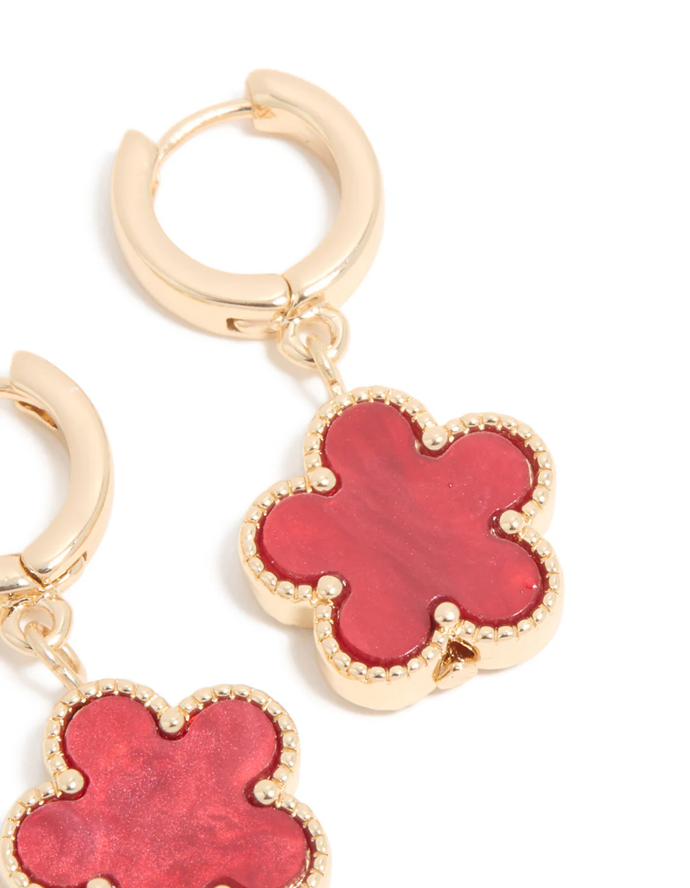 Gold Red Flower Drop Huggie Earrings - Image 5