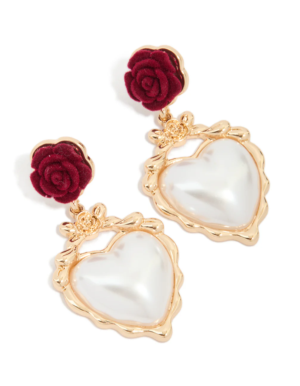 Gold Red Flower & Pearl Heart Drop Earrings - Image 2