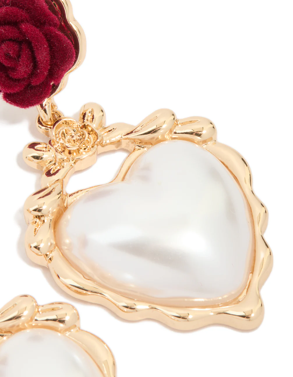 Gold Red Flower & Pearl Heart Drop Earrings - Image 5