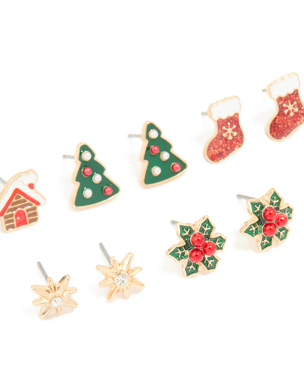 Gold Red Glittery Stocking & Gingerbread House Earrings 5-Pack - Image 2