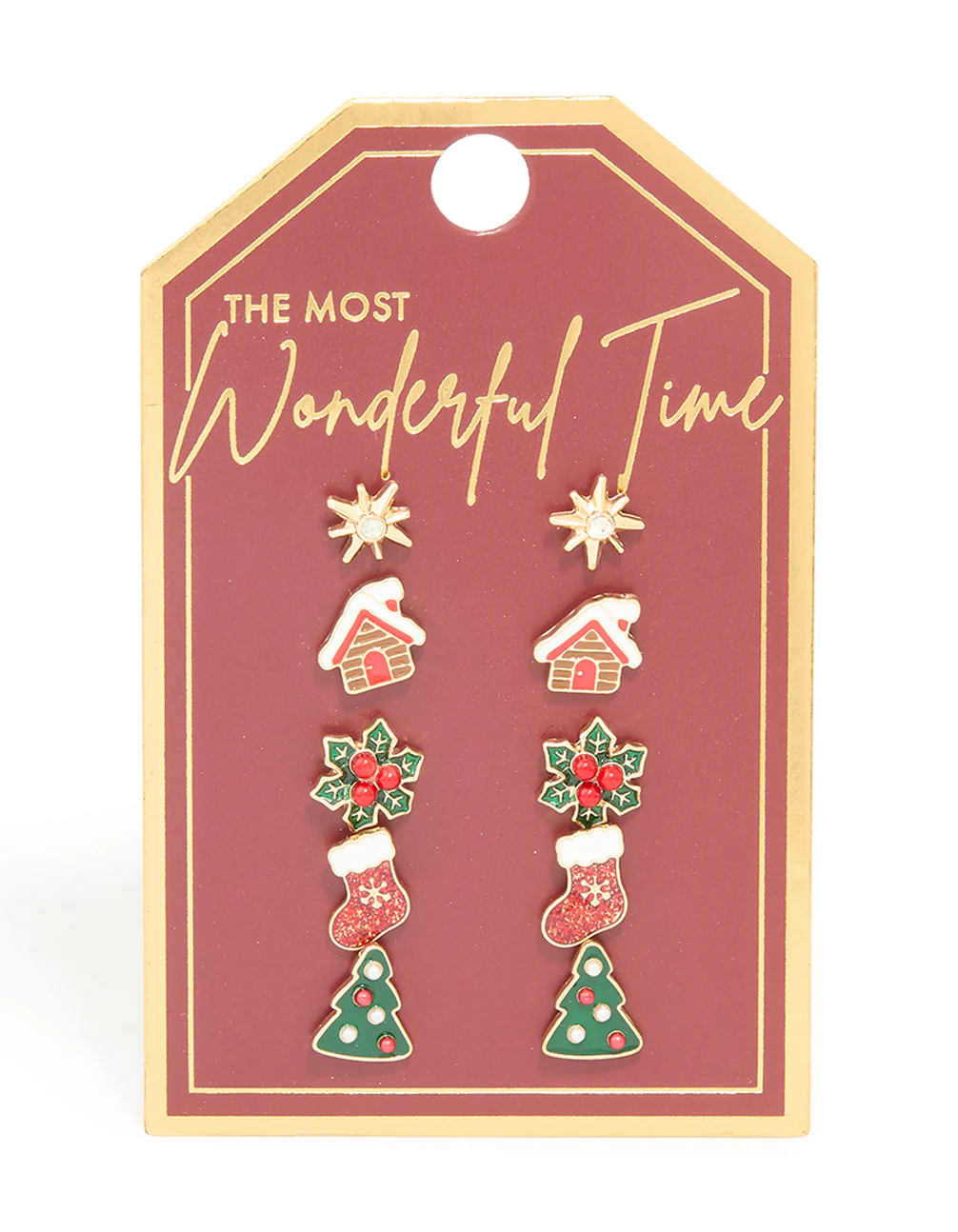 Gold Red Glittery Stocking & Gingerbread House Earrings 5-Pack - Image 3