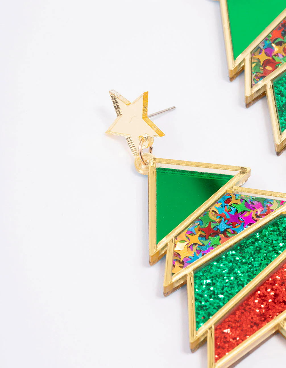 Gold Red & Green Acrylic Festive Tree With A Star Drop Earrings - Image 2