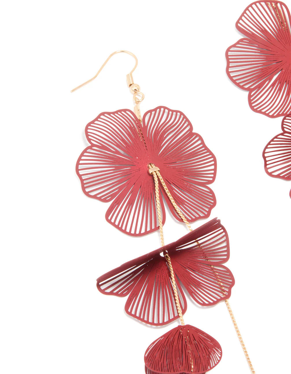 Gold Red Laser Cut Flower Drop Earrings - Image 2