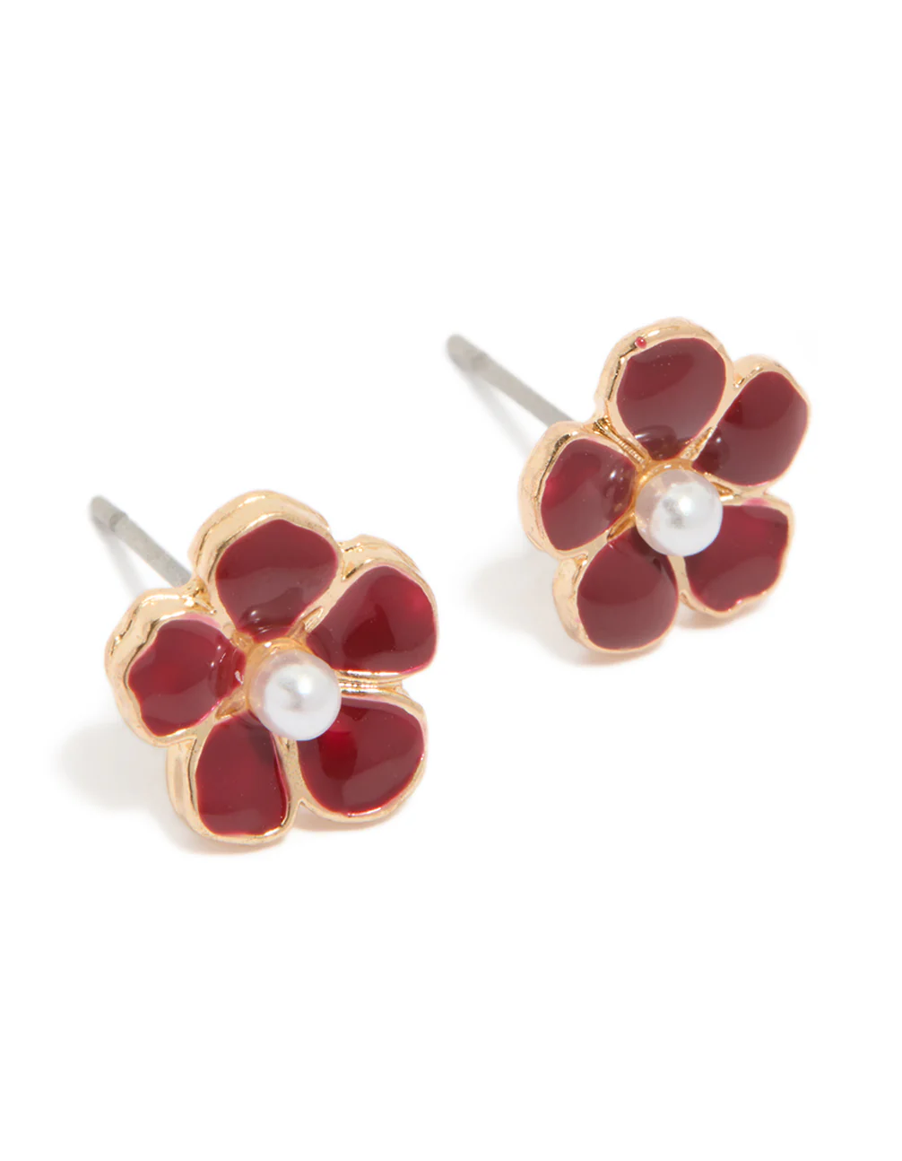 Gold Red Pearl Center Flower Stud Earrings - Image 2