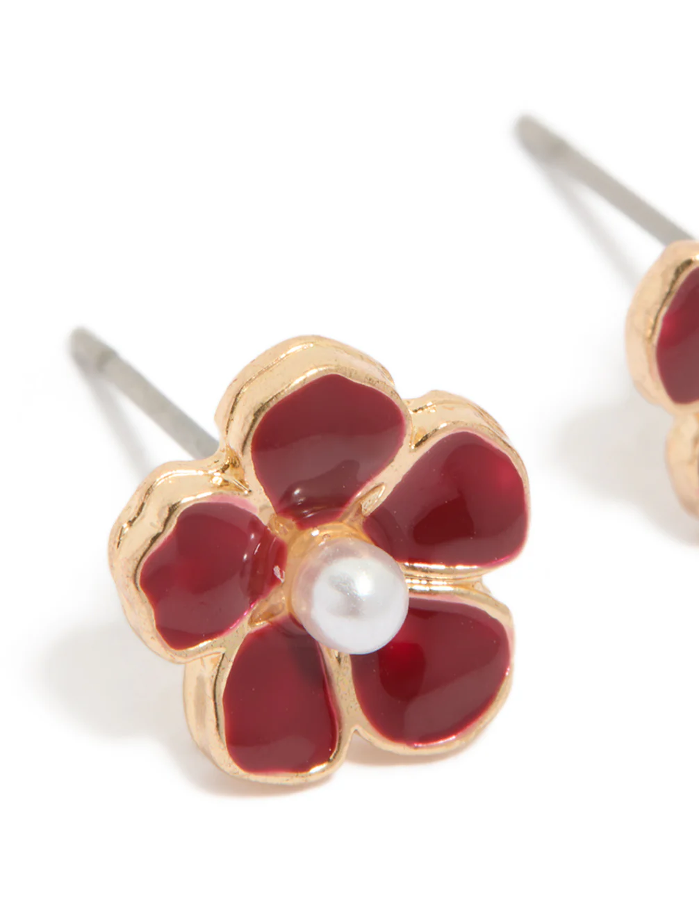 Gold Red Pearl Center Flower Stud Earrings - Image 3