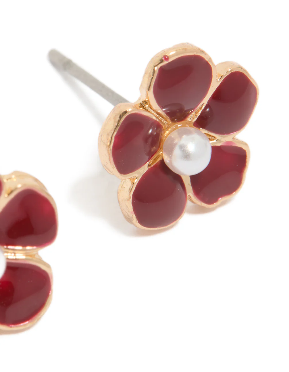 Gold Red Pearl Center Flower Stud Earrings - Image 4
